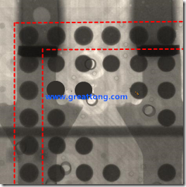 BGA錫球尺寸小于0.4mm，采用降低BGA內(nèi)圍襲球的錫膏量所得到X-Ray，稍微留意一下可以發(fā)現(xiàn)最外圈的錫量(圓的直徑)比其他內(nèi)圍的錫球上的錫量來(lái)得多一點(diǎn)點(diǎn)。也就是外圈的黑色圓形直徑比內(nèi)圈的圓形來(lái)得大一點(diǎn)點(diǎn)。