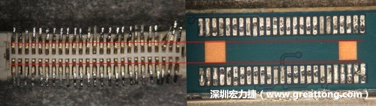 把板對(duì)板連接器與其電路板的佈線焊墊作一個(gè)比較，端子的切斷面有毛邊的地方剛好對(duì)到了裸銅區(qū)。