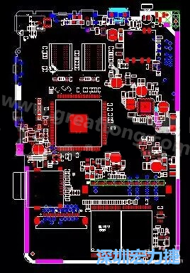 上圖是一個(gè)開(kāi)發(fā)板的PCB，從布局中可以看出各個(gè)接口電路分離很明確，SDRAM和DDR以及SD卡接口電路等走線(xiàn)不會(huì)造成相互的干擾。-深圳宏力捷