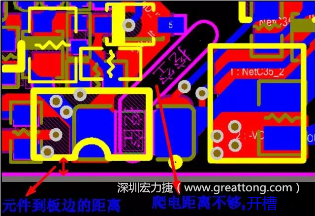 如果碰到模塊PCB空間有限，爬電距離不夠，可以采用開槽的方式