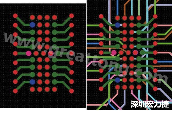圖7：焊盤內(nèi)過(guò)孔用于內(nèi)部，而外部接腳在0.5mm閘格上扇出。圖7a顯示的是頂層(左)；圖7b顯示頂層和內(nèi)部布線層(右)。