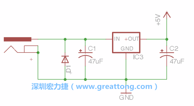 新增RBBB→Power_Jack，將它放在電壓調(diào)整器的輸入端旁邊。