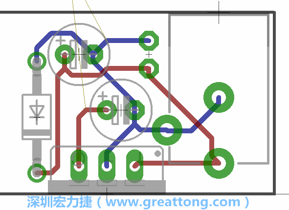 接地連結(jié)點(diǎn)的布線情形如下圖所示，利用這個(gè)練習(xí)來(lái)避免電路連線銳角化的產(chǎn)生是一個(gè)不錯(cuò)的選擇，你可以在工具列中的彎曲線路（Wire Bend）選項(xiàng)里改變各種布線的變化。