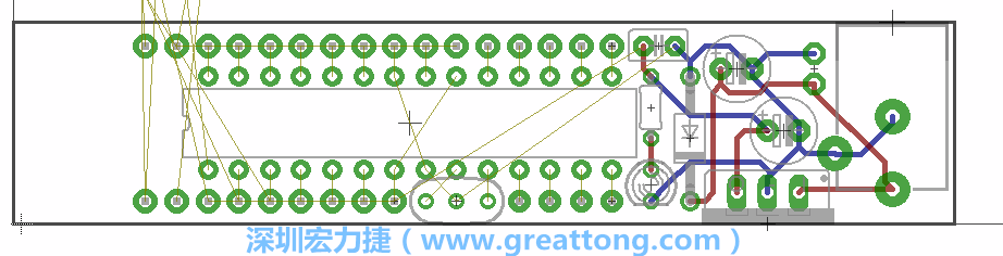 將ATmega微控制器、三個(gè)GPIO排針（JP2, JP3, JP4）和諧振器（resonator）排置如上圖所示。