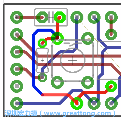 為了要?jiǎng)?chuàng)造一個(gè)電路通道，首先要先點(diǎn)擊重置開(kāi)關(guān)的連結(jié)點(diǎn)進(jìn)行布線，在電路板的背面繪制線路直到其它線路前的乾淨(jìng)區(qū)域。