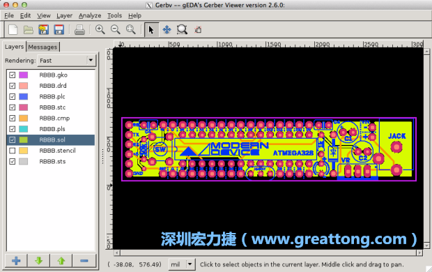將圖層匯入你的Gerber預覽工具內(nèi)（下圖為Gerbv），我通常會從上到下重新排列它們的順序，好讓我比較好校對：