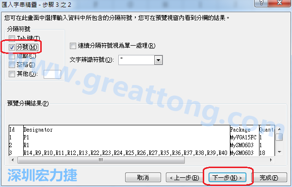 新增一個(gè)新的Excel文檔，[資料]匯入[從文字檔]，然后選擇剛產(chǎn)生的BOM (.csv)檔案，并以"分號(hào)"作為分隔符號(hào)。