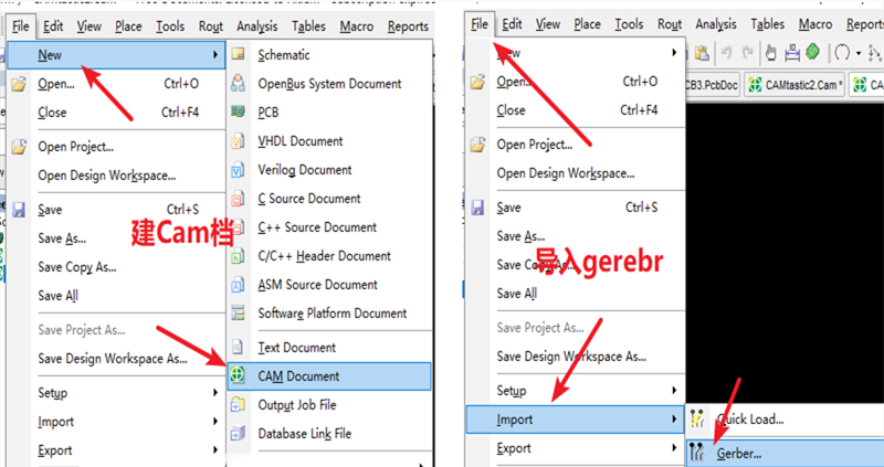 在File下新建 Cam檔，建后再File下導(dǎo)入Gerber文件，選擇所有文件導(dǎo)入gerber。