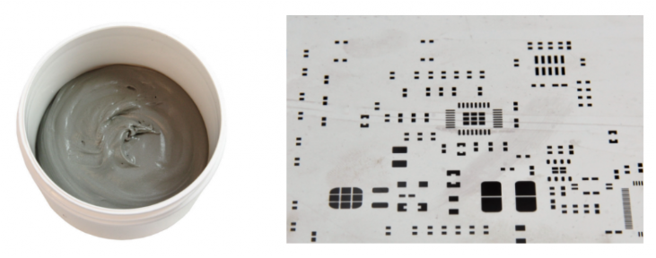 焊膏（左），PCB模板激光切割孔（右）